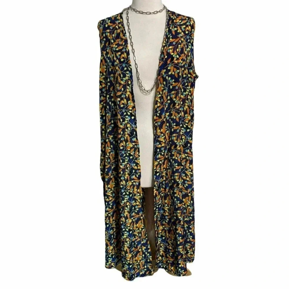 LuLaRoe Joy Long Vest M Navy Blue Floral Leaf Print Open Front Duster Side Slit